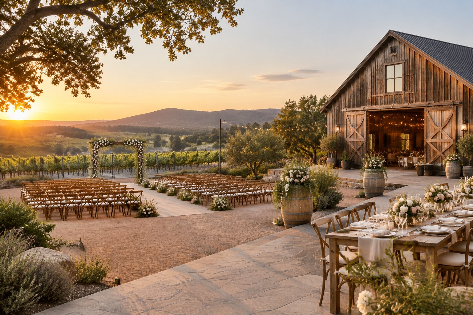 A rustic barn wedding venue with vineyard views, outdoor ceremony seating, floral decorations, and warm evening light.