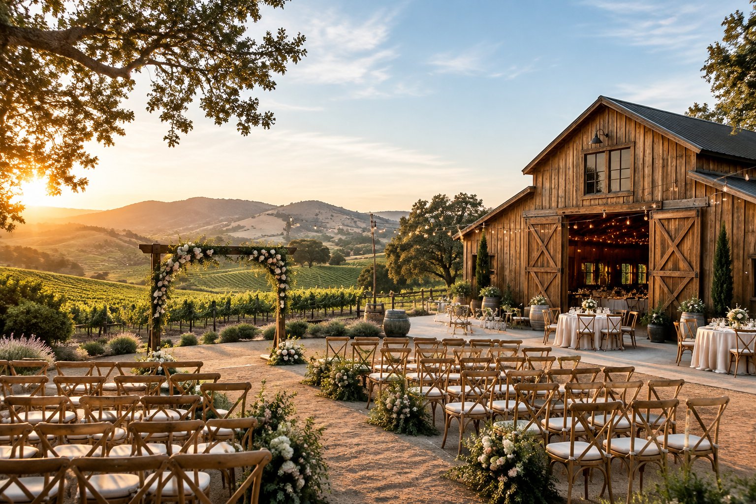 A rustic barn wedding venue surrounded by vineyards, oak trees, and rolling hills, with an outdoor ceremony setup in the foreground.