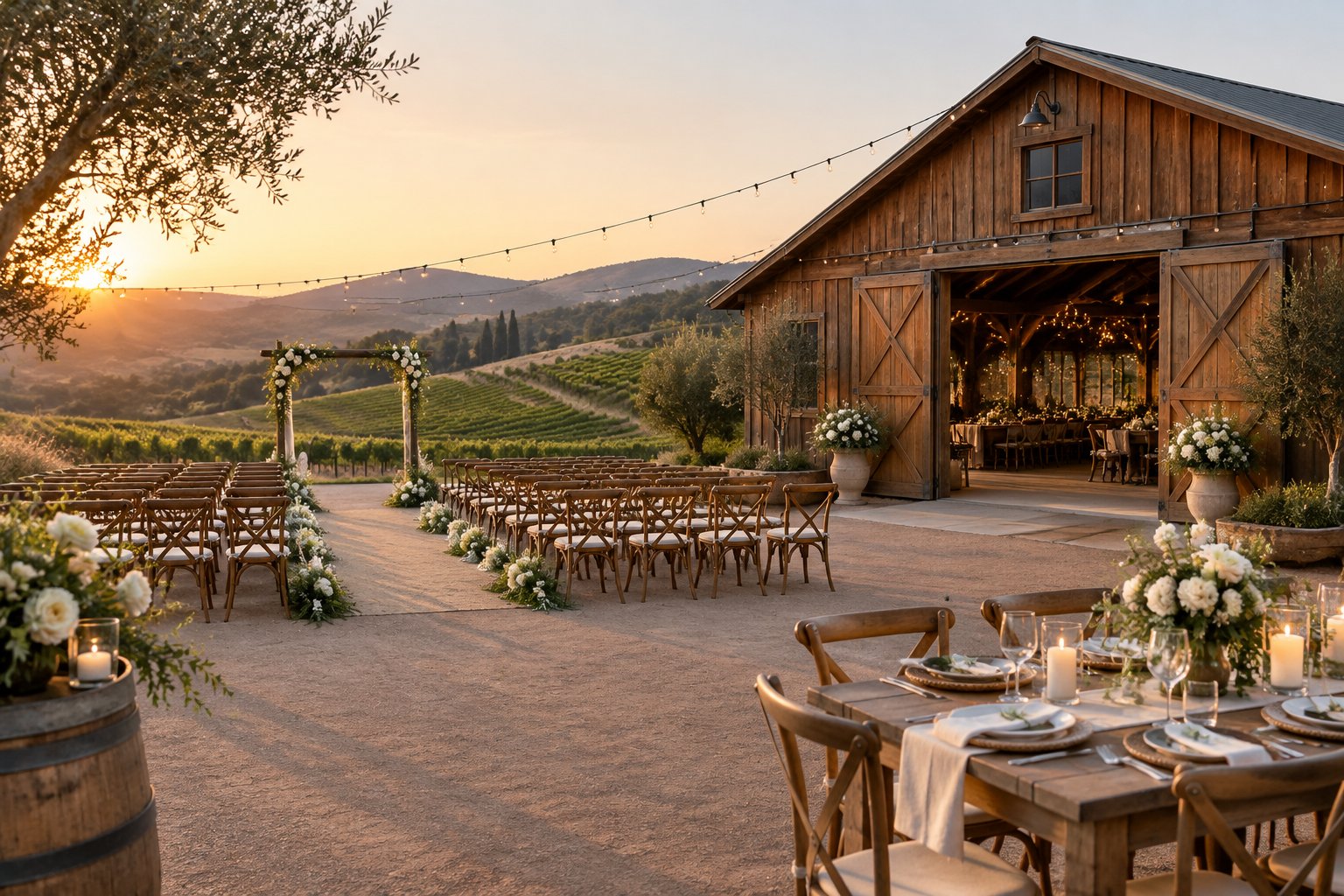 A rustic barn wedding venue with decorated ceremony seating and vineyard-covered hills in the background.