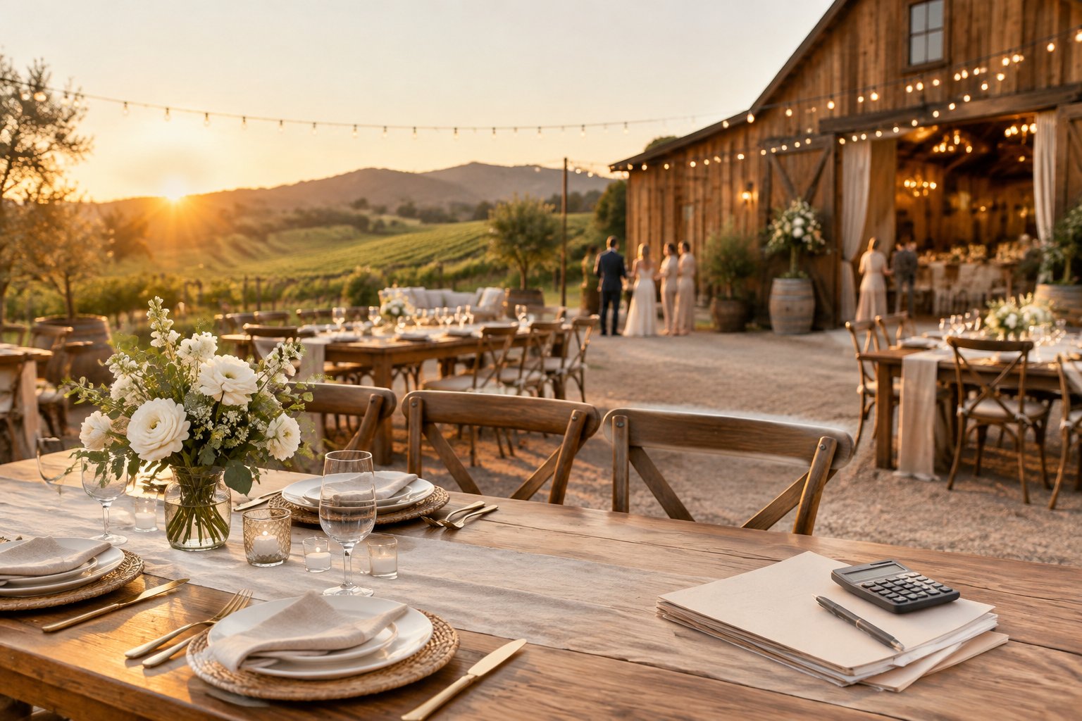 A rustic barn wedding reception setup overlooking vineyard-covered hills in Temecula.