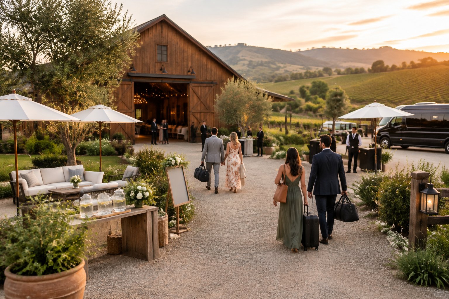 Wedding guests arrive at a rustic barn venue surrounded by Temecula vineyards, with lounge seating and event transportation nearby.