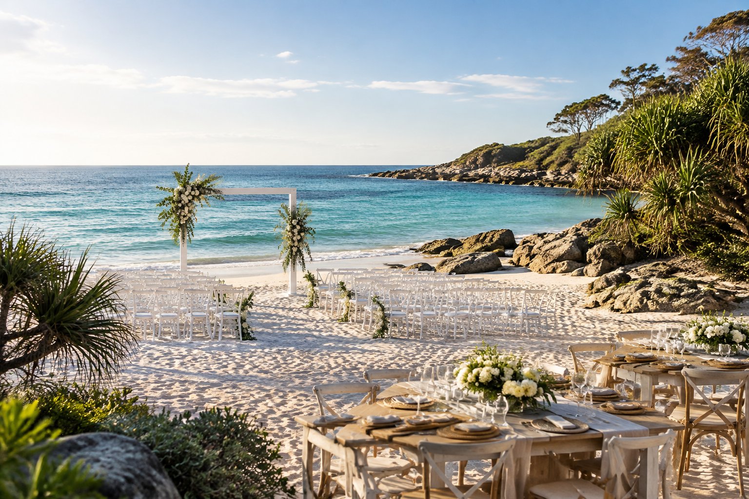 An elegant wedding ceremony and reception setup on an Australian beach overlooking turquoise ocean water.