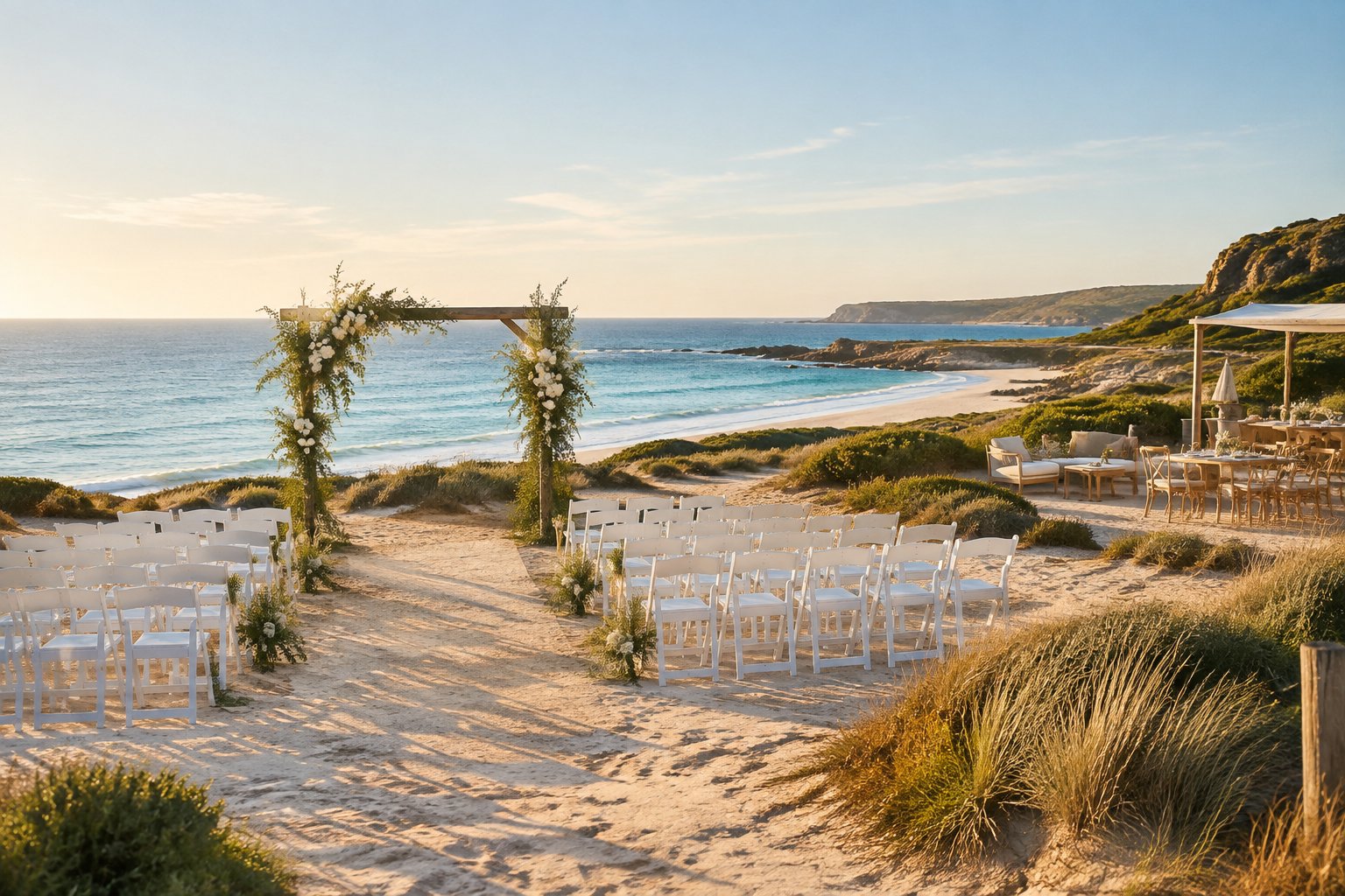An elegant beach wedding ceremony setup overlooking the Australian coast.