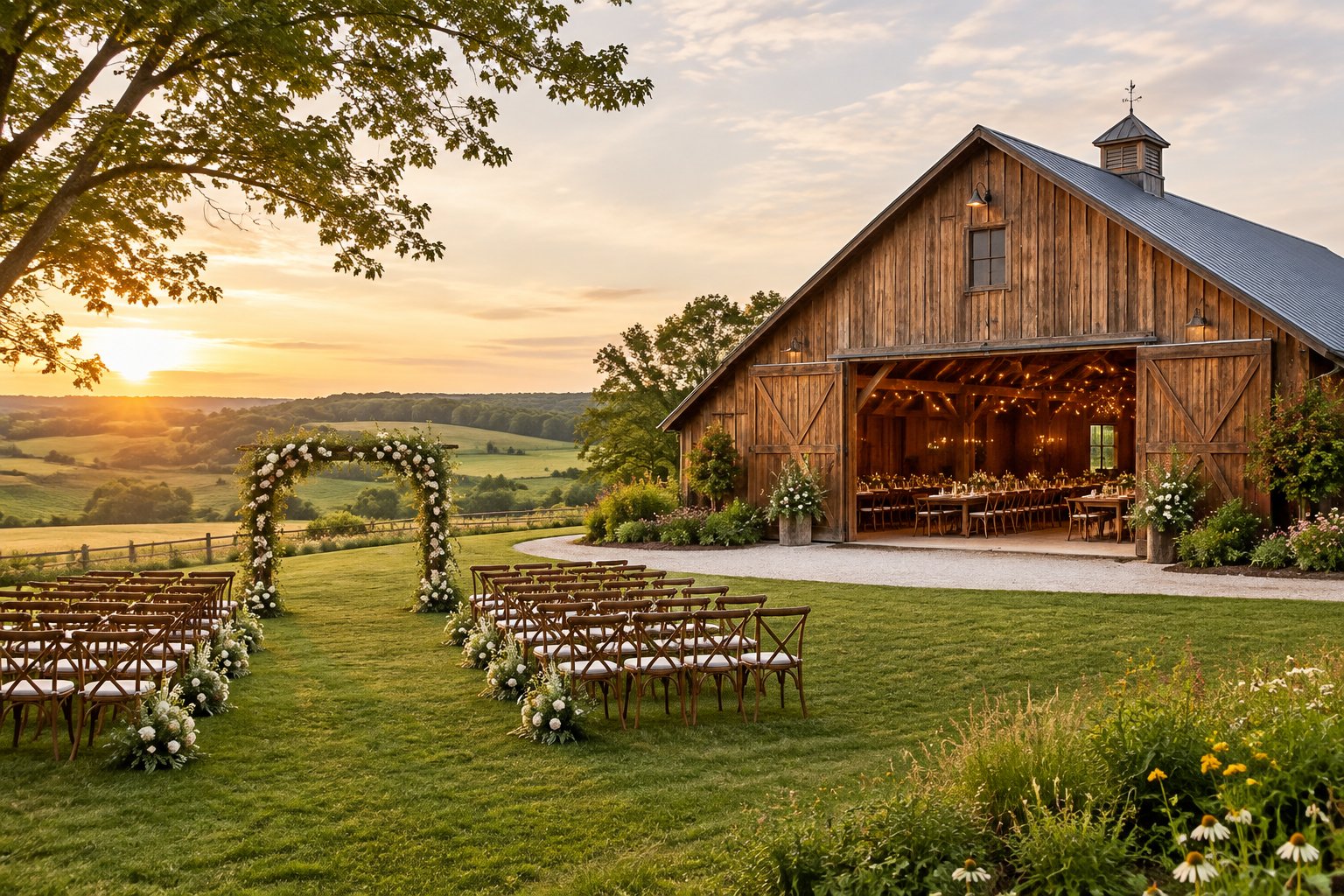 A rustic barn wedding venue with outdoor ceremony seating, floral decorations, and surrounding countryside.