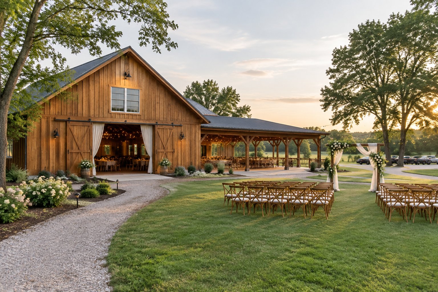 A rustic barn wedding venue with outdoor seating, string lights, floral decor, and landscaped grounds.