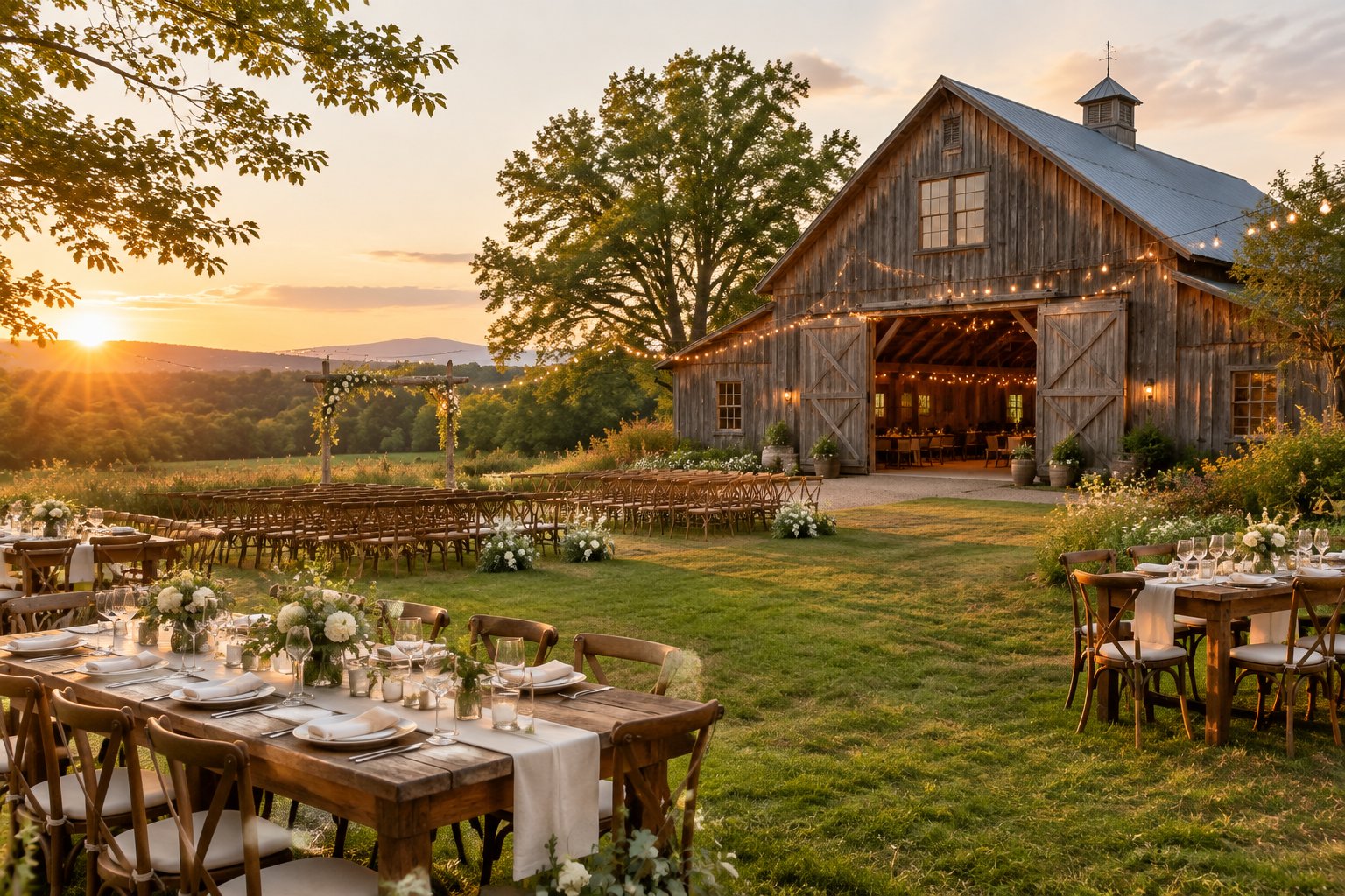 A rustic barn wedding venue with outdoor tables, floral decorations, and chairs arranged for a ceremony.