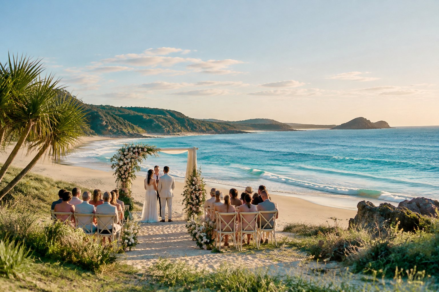 A beachfront wedding ceremony overlooking turquoise water and a sandy Australian coastline.