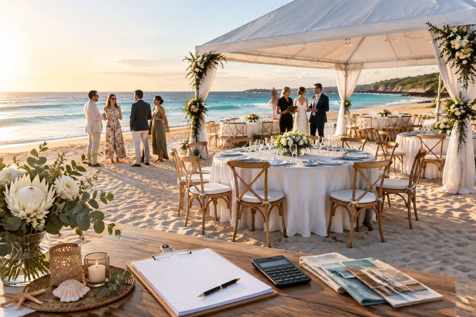 An elegant beach wedding reception setup on an Australian beach with decorated tables, a canopy, and a few guests beside the ocean.