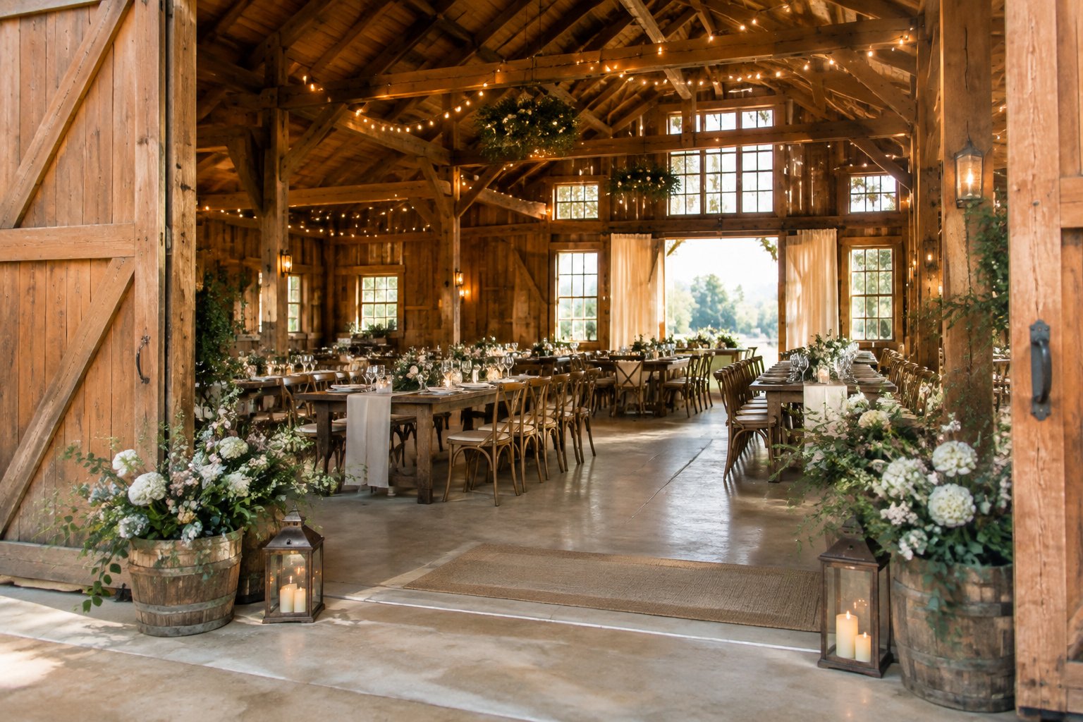 A warmly decorated rustic barn wedding venue with wooden beams, floral arrangements, tables, and soft natural light.