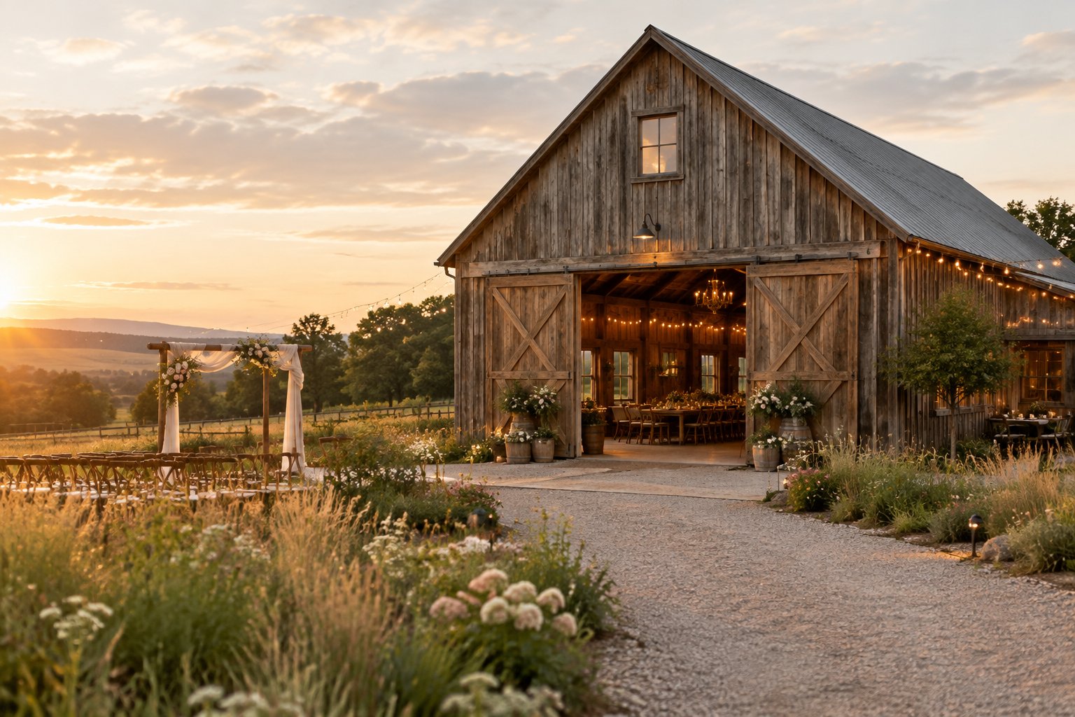 A rustic barn wedding venue decorated with flowers and warm string lights in a sunlit meadow.