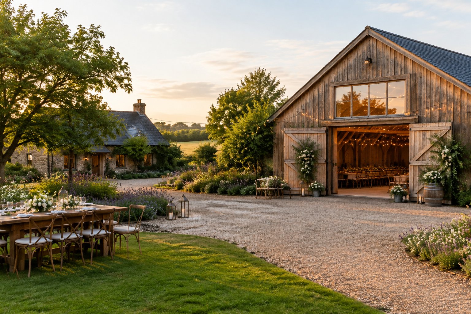 A rustic barn wedding venue beside charming countryside accommodation, surrounded by gardens and trees.