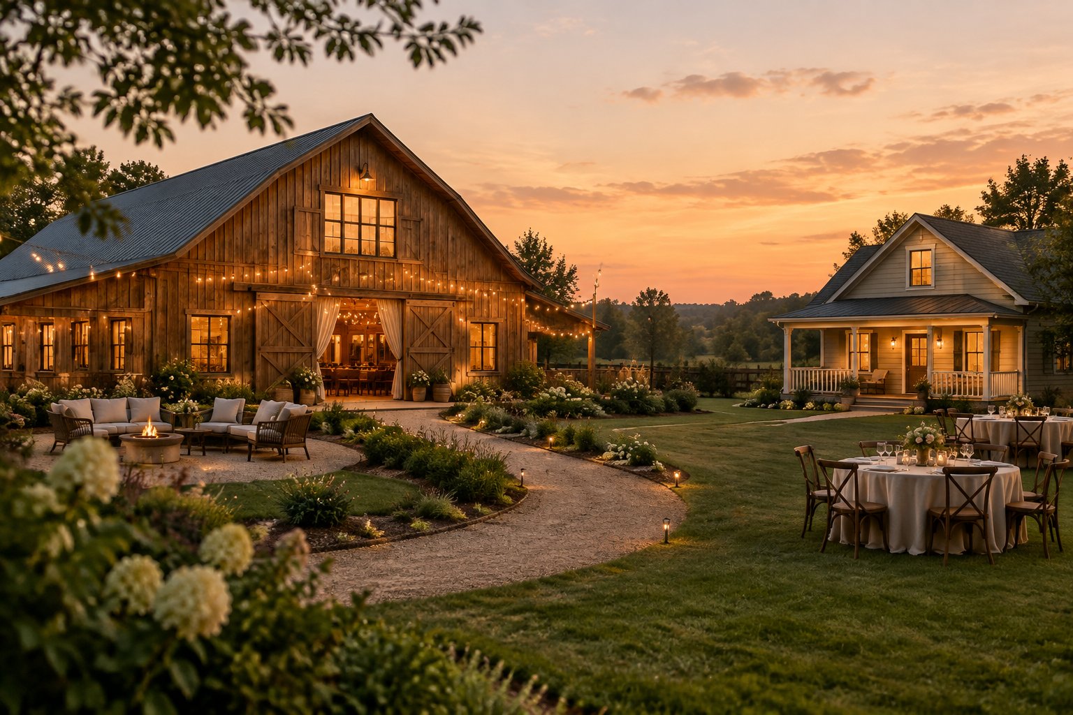A warmly lit barn wedding venue beside comfortable overnight guest accommodation.