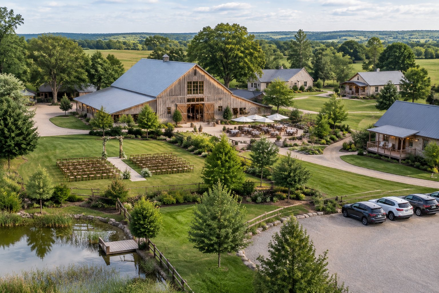 A rustic barn wedding venue surrounded by landscaped grounds and nearby guest cottages.