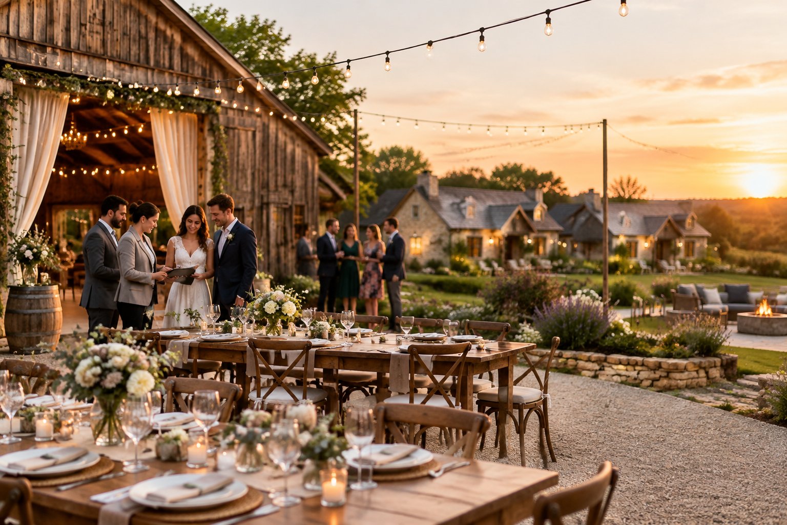 A rustic barn wedding venue with an outdoor reception and nearby guest cottages at sunset.