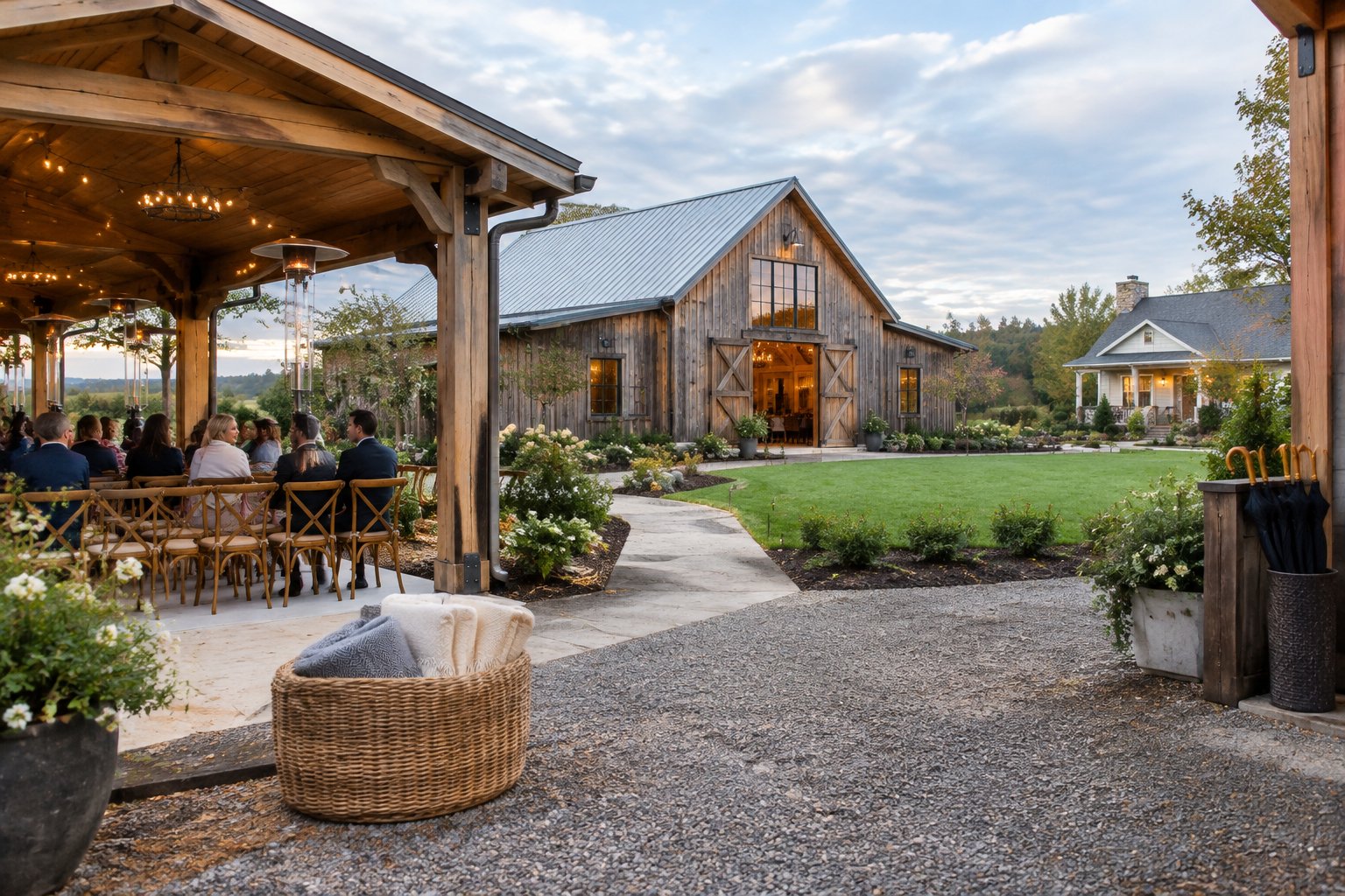A rustic barn wedding venue with nearby guest accommodation, covered seating, outdoor heaters, blankets, and umbrellas prepared for changing weather.