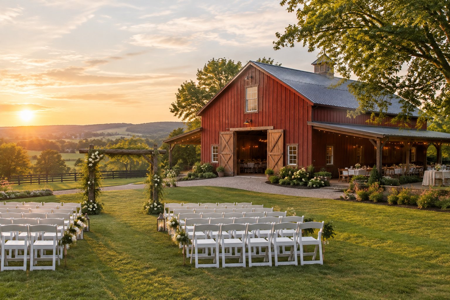 A rustic barn wedding venue with white ceremony chairs, a floral arbor, and rolling farmland at sunset.