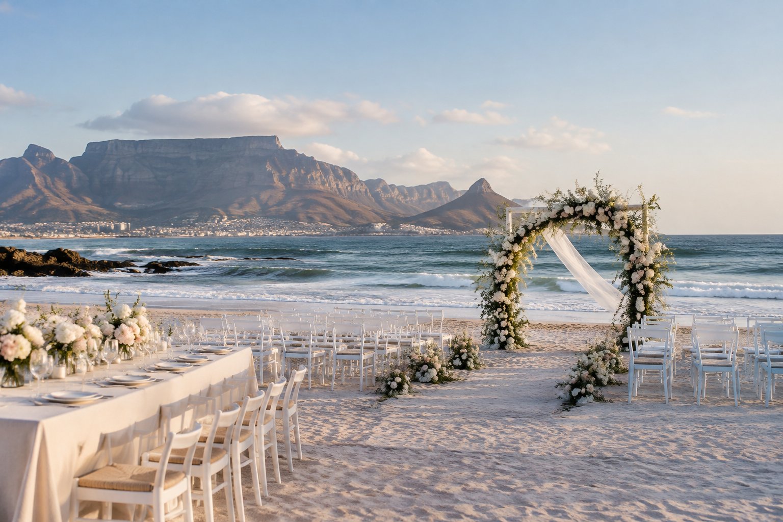 An elegant wedding ceremony setup on a Cape Town beach with a floral arch, white chairs, ocean waves, and mountains in the background.