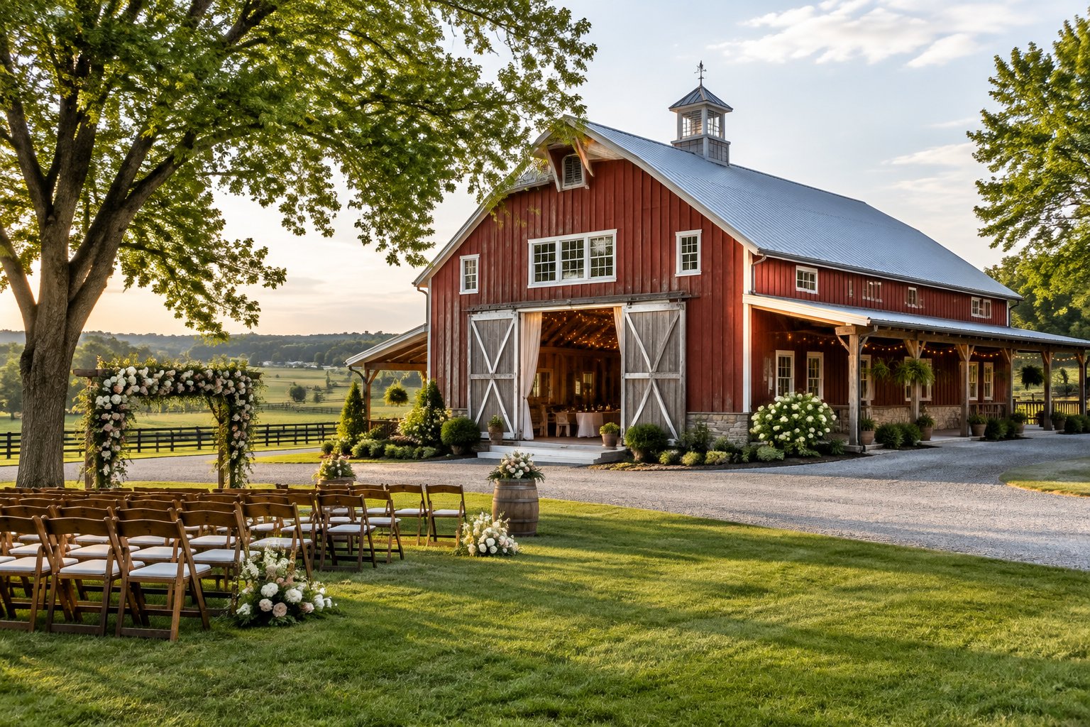 A restored red barn wedding venue surrounded by green farmland, trees, and outdoor ceremony chairs.