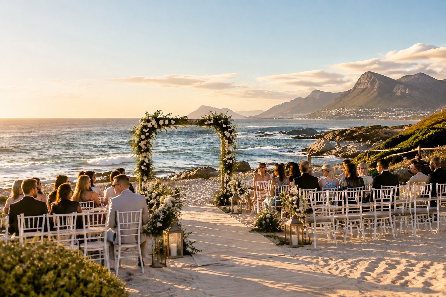 An elegant beach wedding ceremony setup on the Cape Town coast with white chairs, floral decorations, ocean waves, and distant mountains.