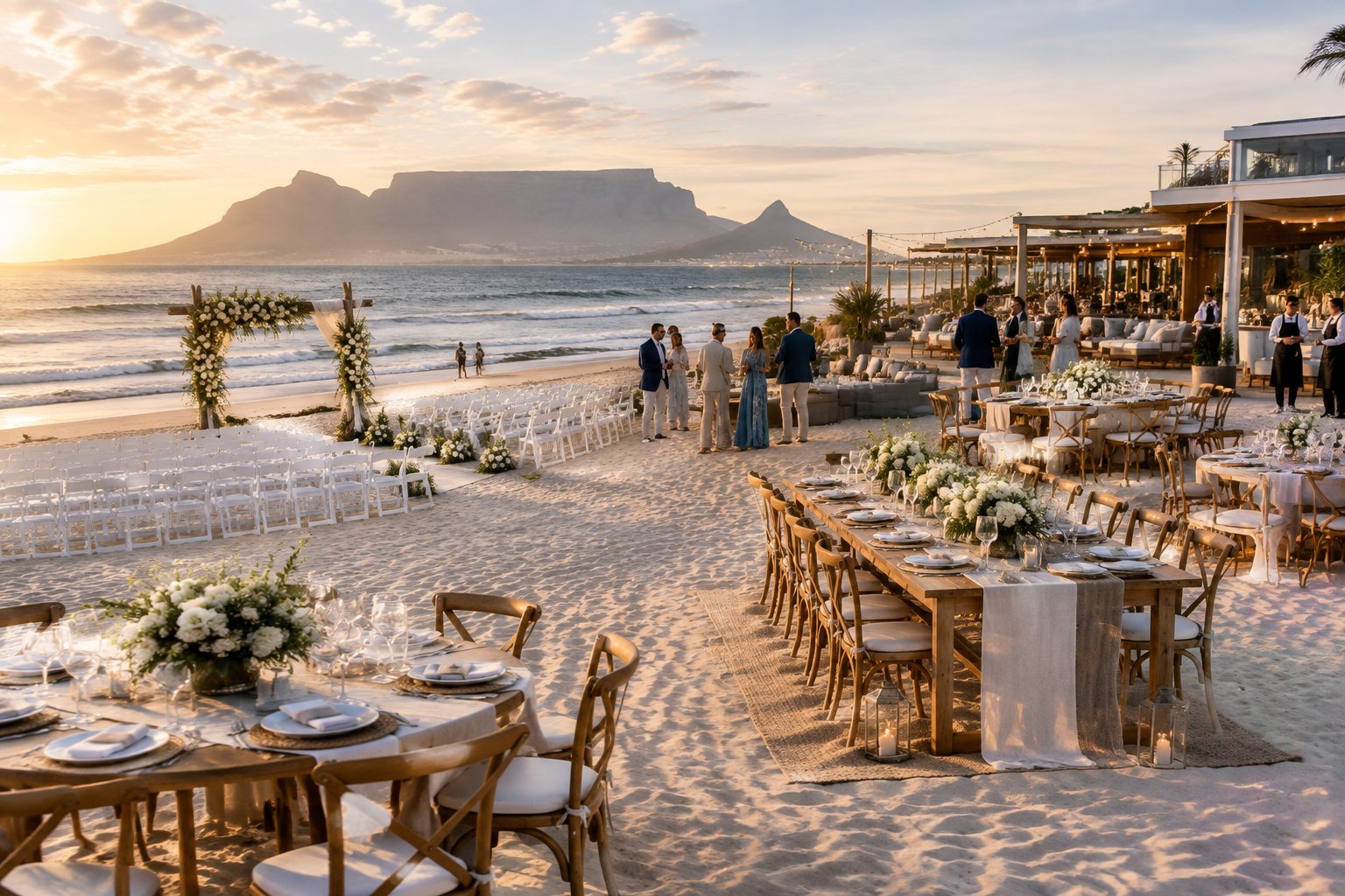 An elegant beach wedding ceremony and reception setup on a sandy Cape Town beach with mountains and ocean in the background.