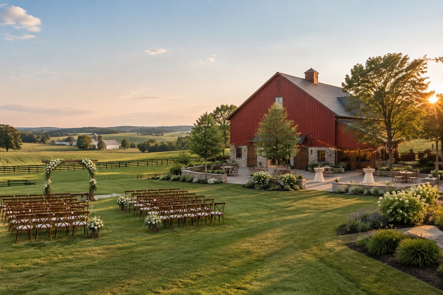 A restored barn wedding venue surrounded by green farmland and landscaped outdoor ceremony areas.