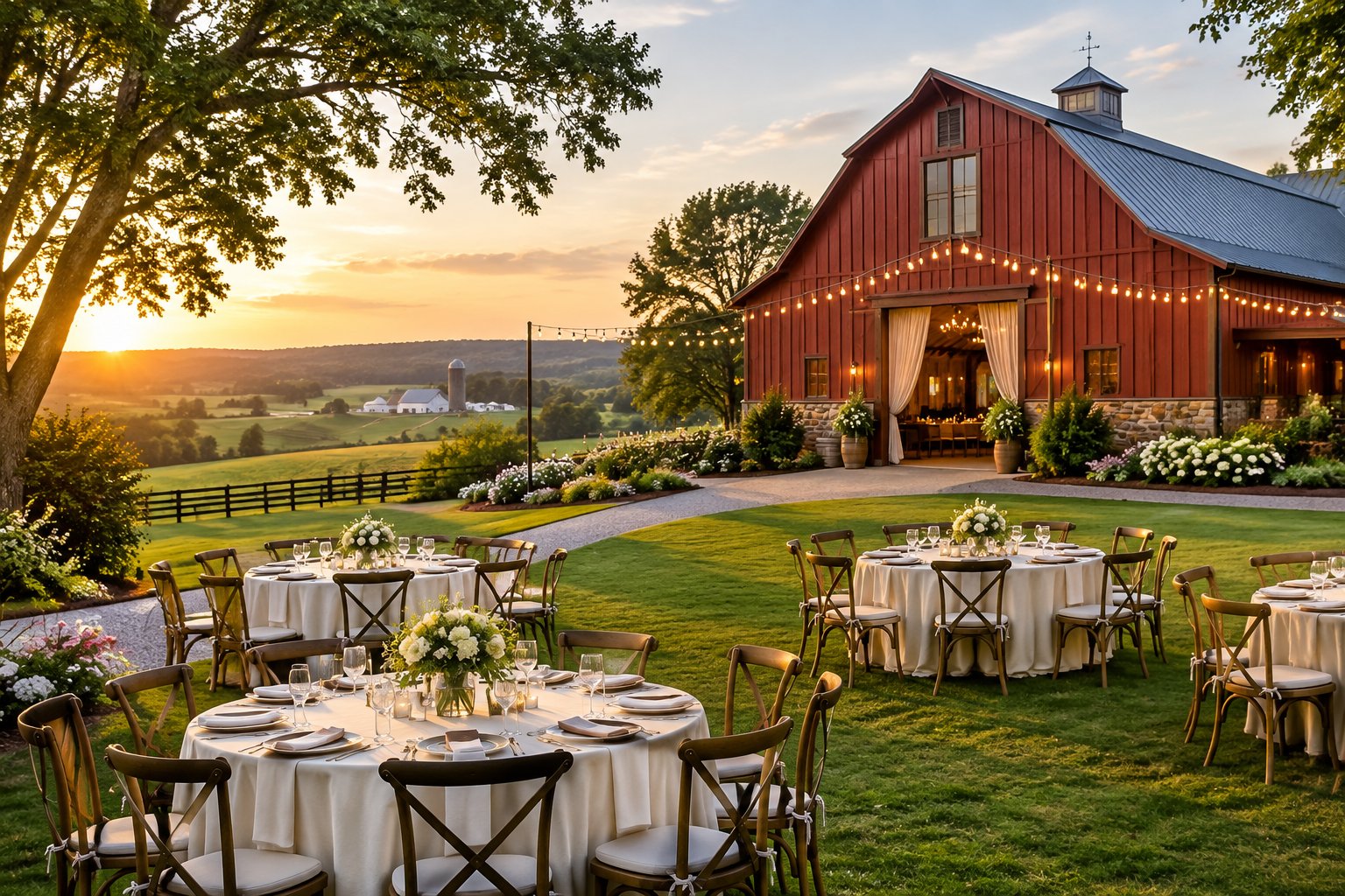 Rustic barn wedding venue with an elegant outdoor reception setup in the Pennsylvania countryside.