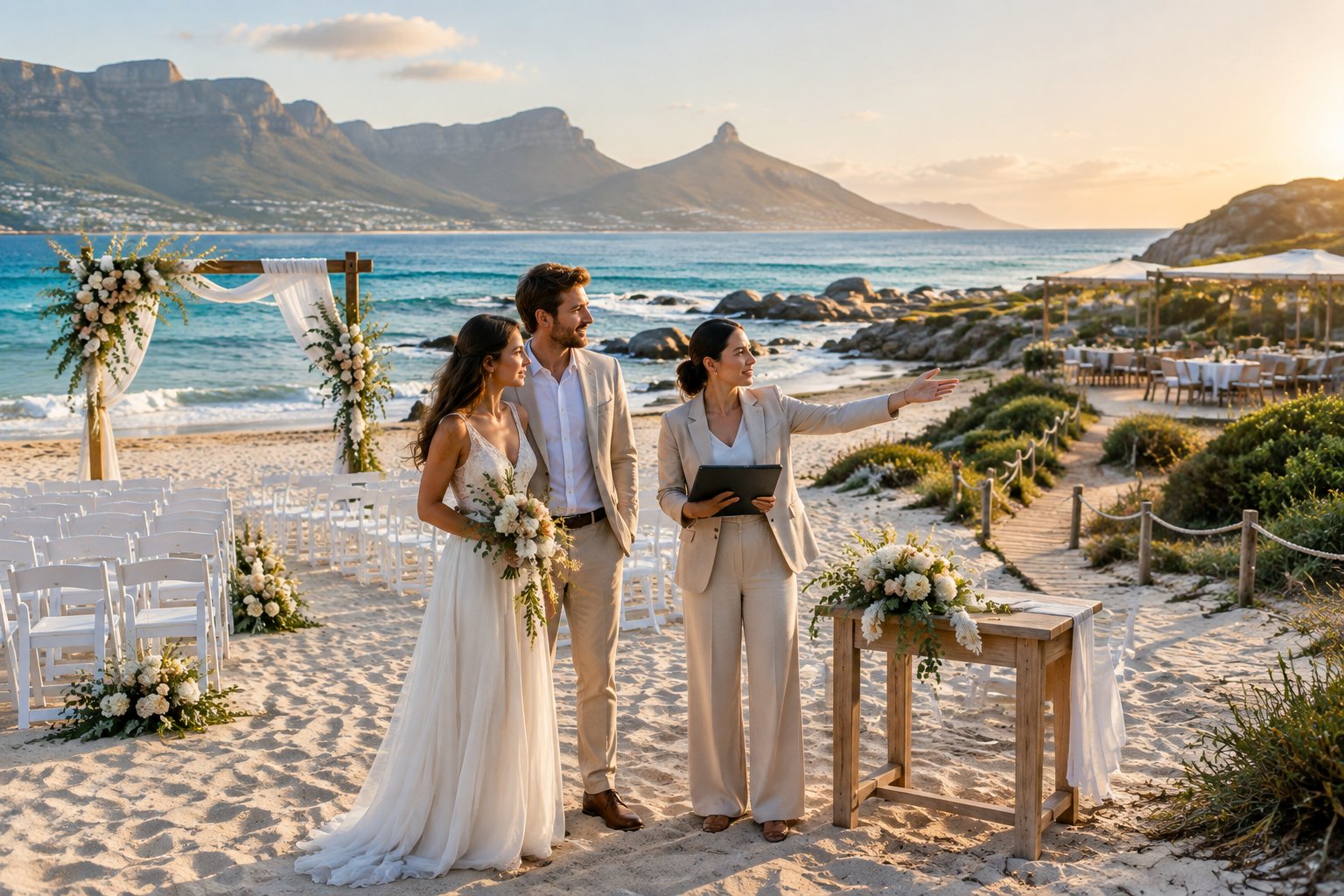 A couple and wedding coordinator review an elegant beach ceremony venue with Cape Town’s coastline and mountains in the background.