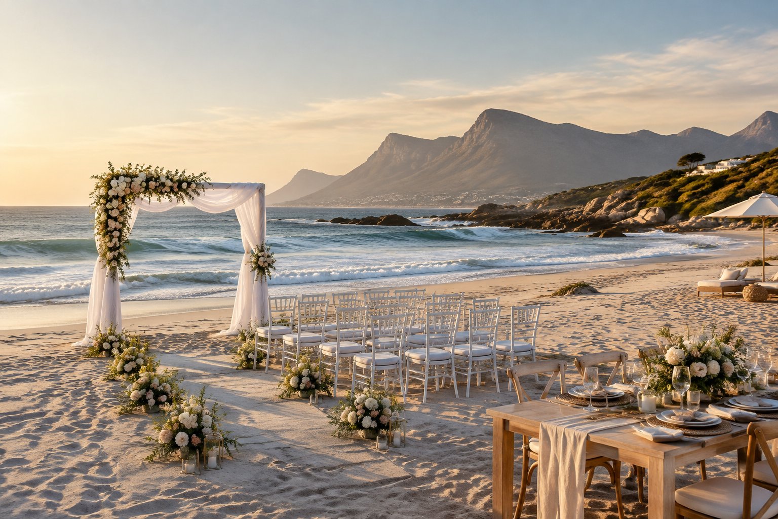 Elegant beach wedding ceremony setup overlooking the ocean near Cape Town.