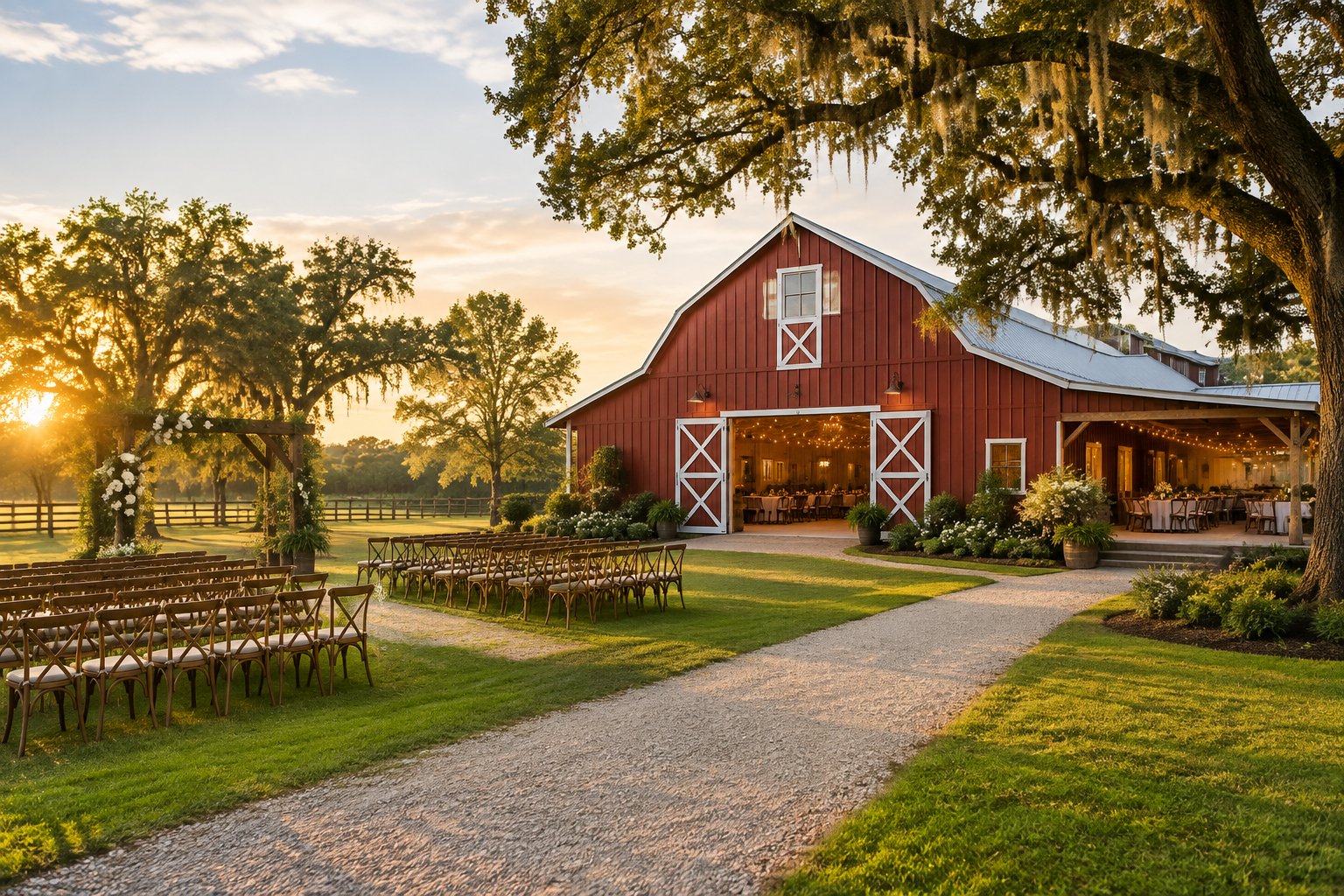 A rustic barn wedding venue with outdoor seating and a floral ceremony arch on a green Louisiana farm.