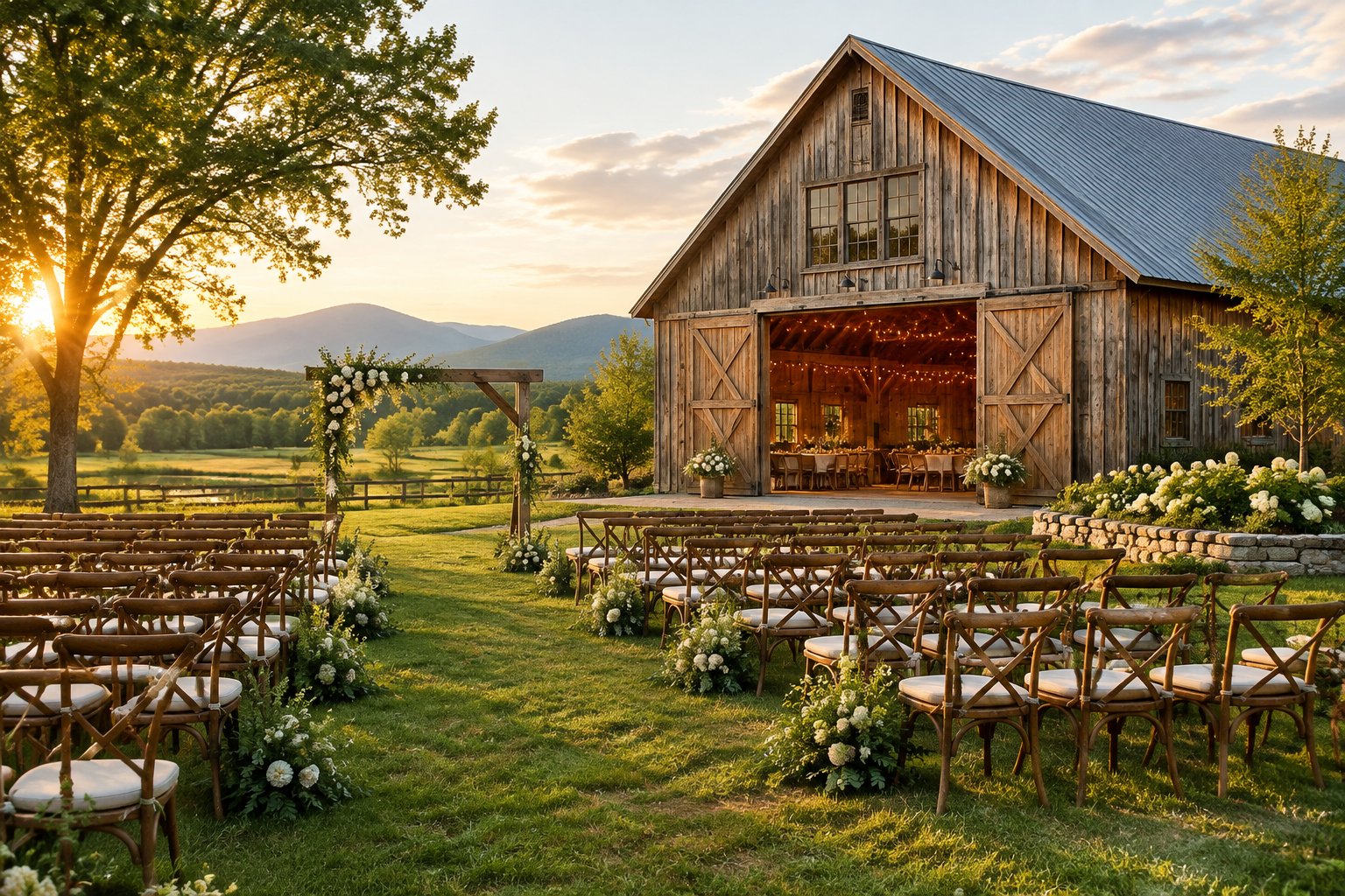 A rustic barn wedding venue with outdoor ceremony chairs, floral decorations, green lawns, and rolling countryside.