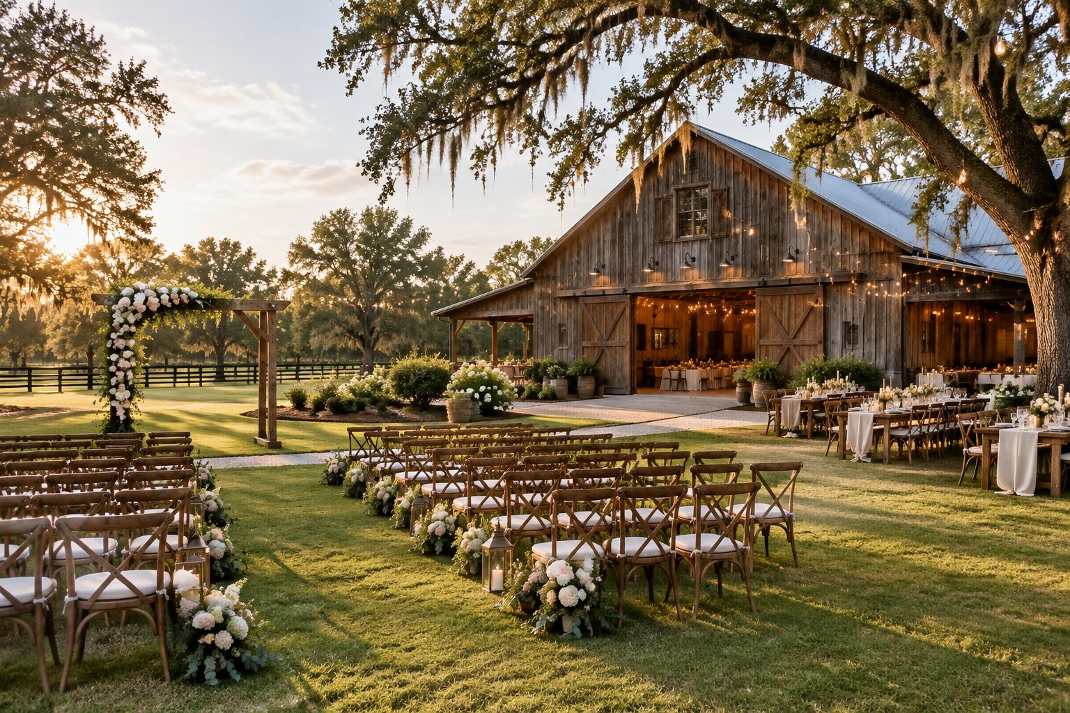 A decorated outdoor wedding ceremony area beside a rustic barn surrounded by trees and greenery.