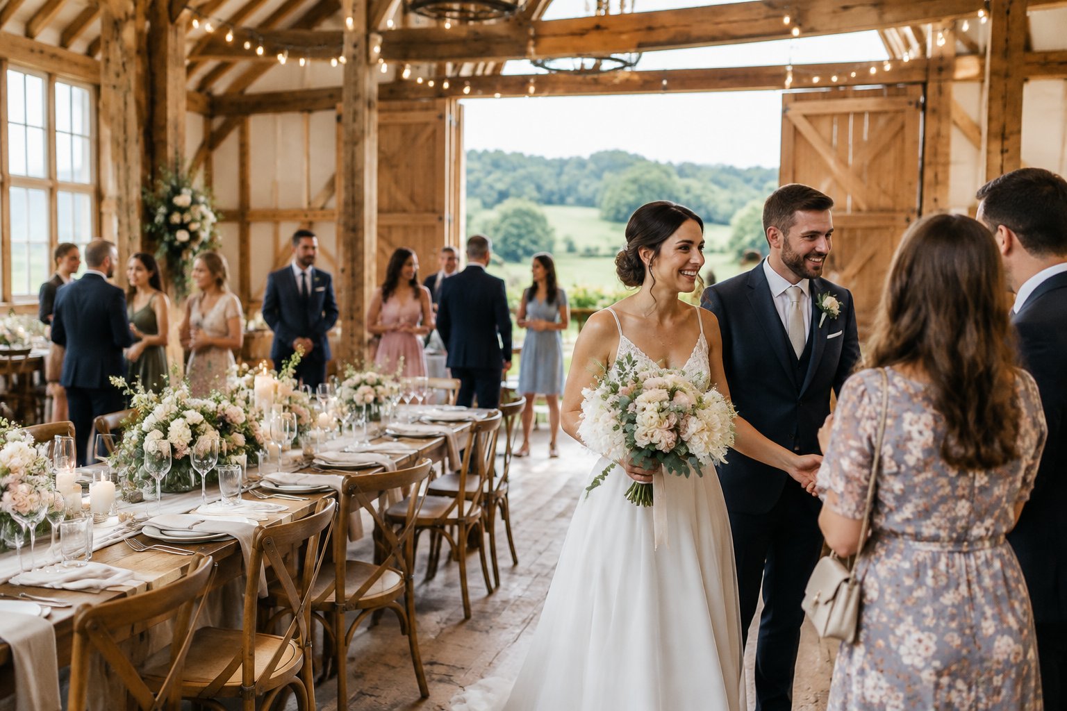 A couple welcomes guests at a rustic barn wedding reception overlooking green countryside.