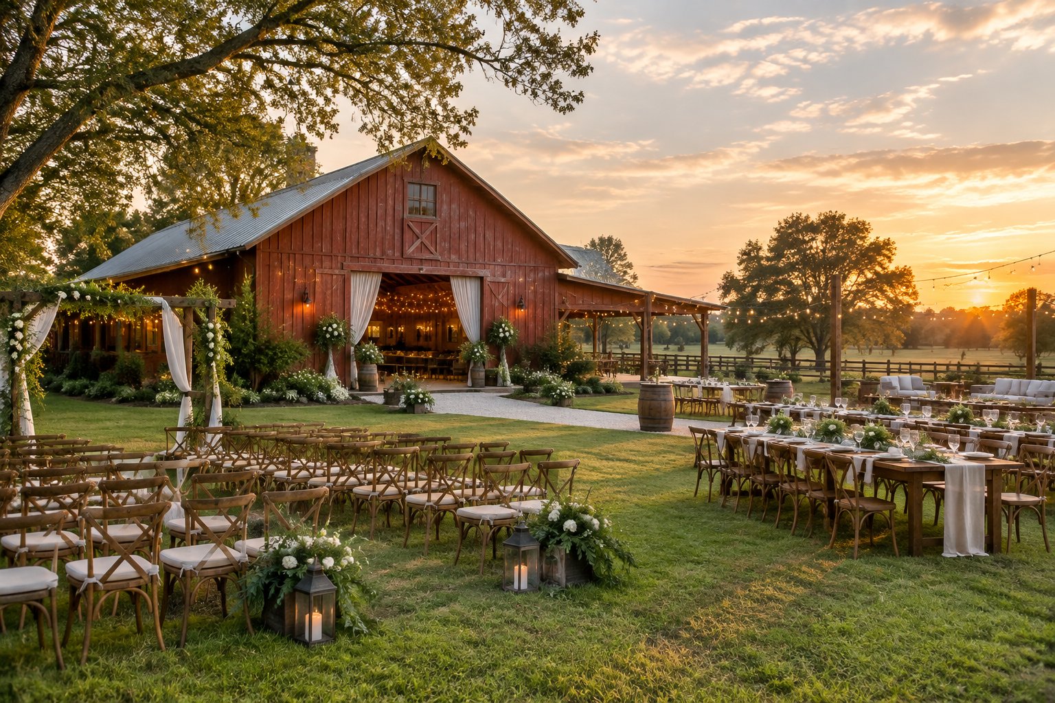 A rustic barn wedding venue with an outdoor ceremony and reception setup in a rural landscape.