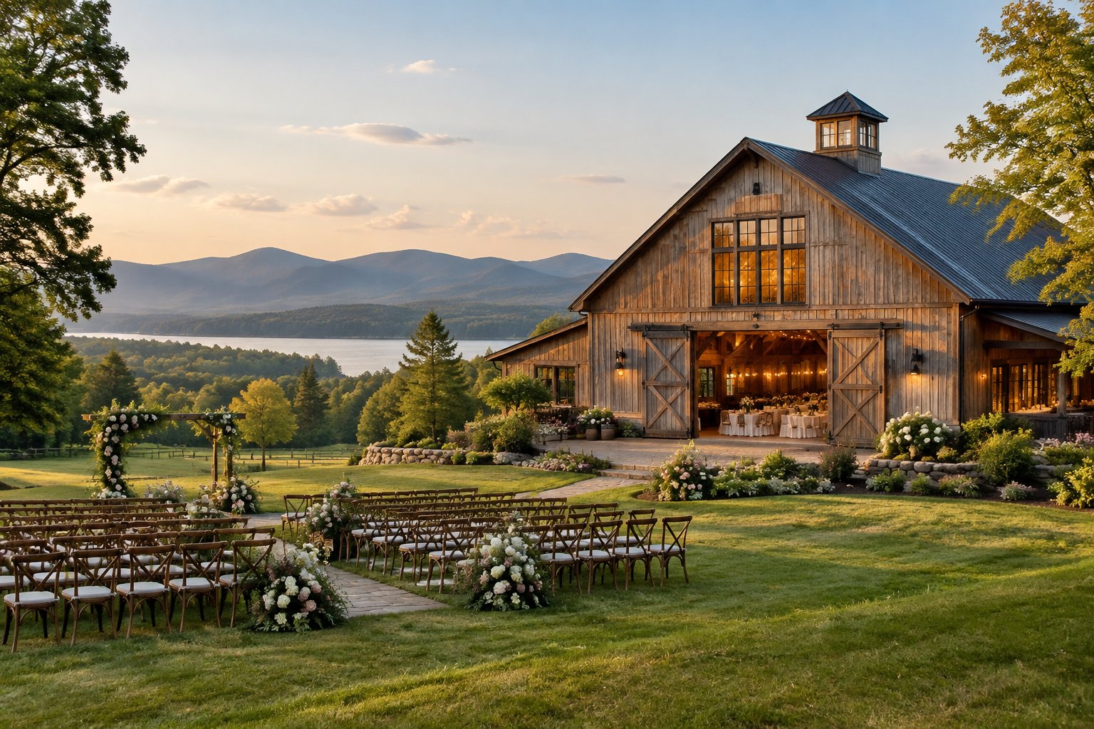 Rustic barn wedding venue with outdoor ceremony seating and Adirondack mountains in the background.