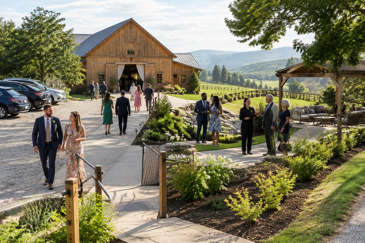 Wedding guests explore a scenic barn venue with accessible paths, parking, and landscaped gathering areas.