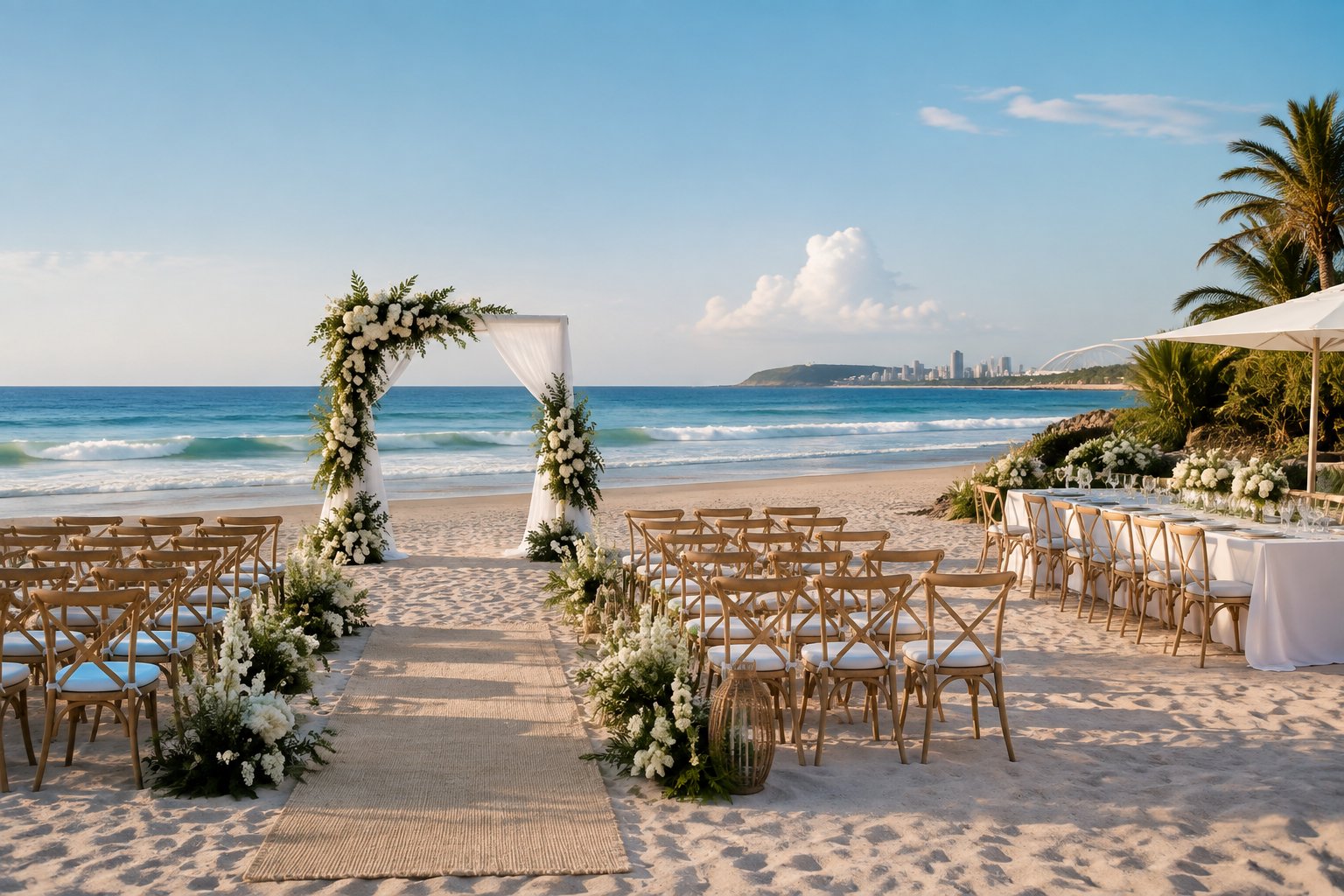Elegant wedding ceremony setup on a sandy Durban beach beside the ocean.