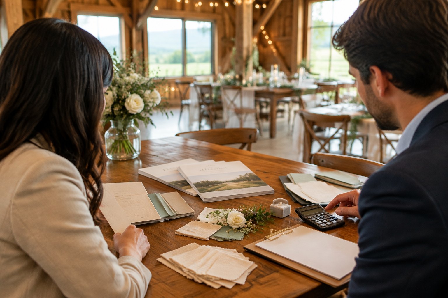 A couple reviews blank wedding planning materials at a table inside a warmly lit rustic barn venue.