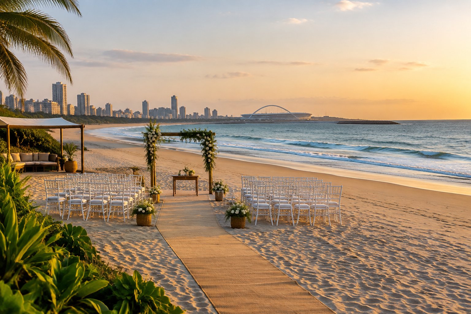 A beach wedding ceremony setup on a sandy Durban coastline with ocean views, white chairs, and a floral arch.