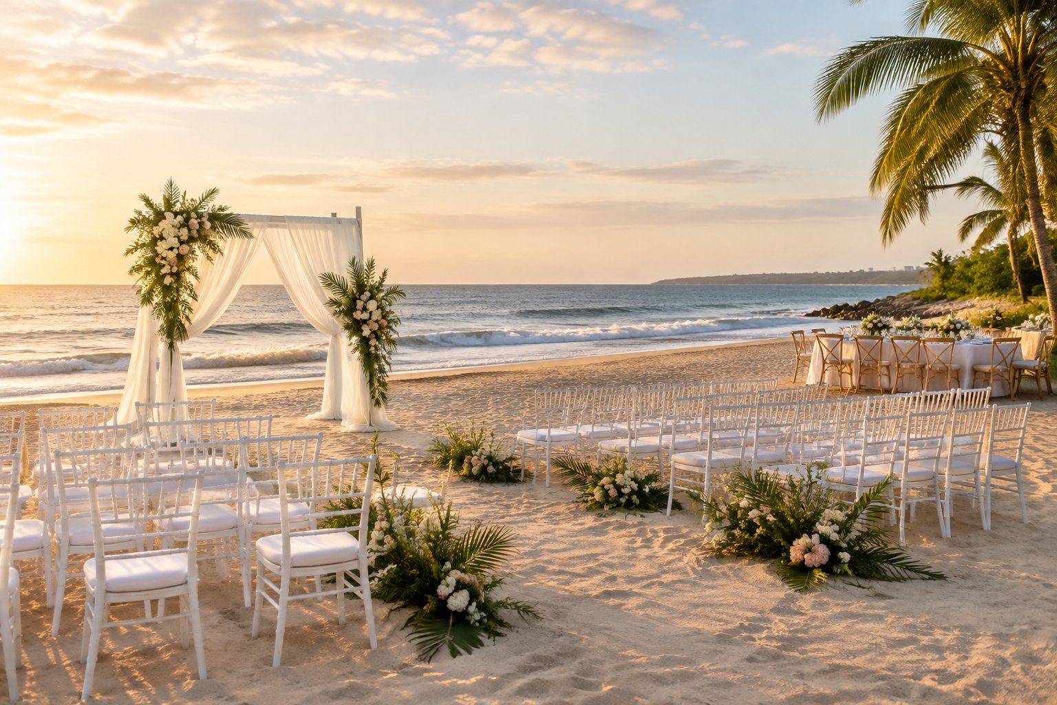 An elegant wedding ceremony setup on a sandy beach beside the ocean.