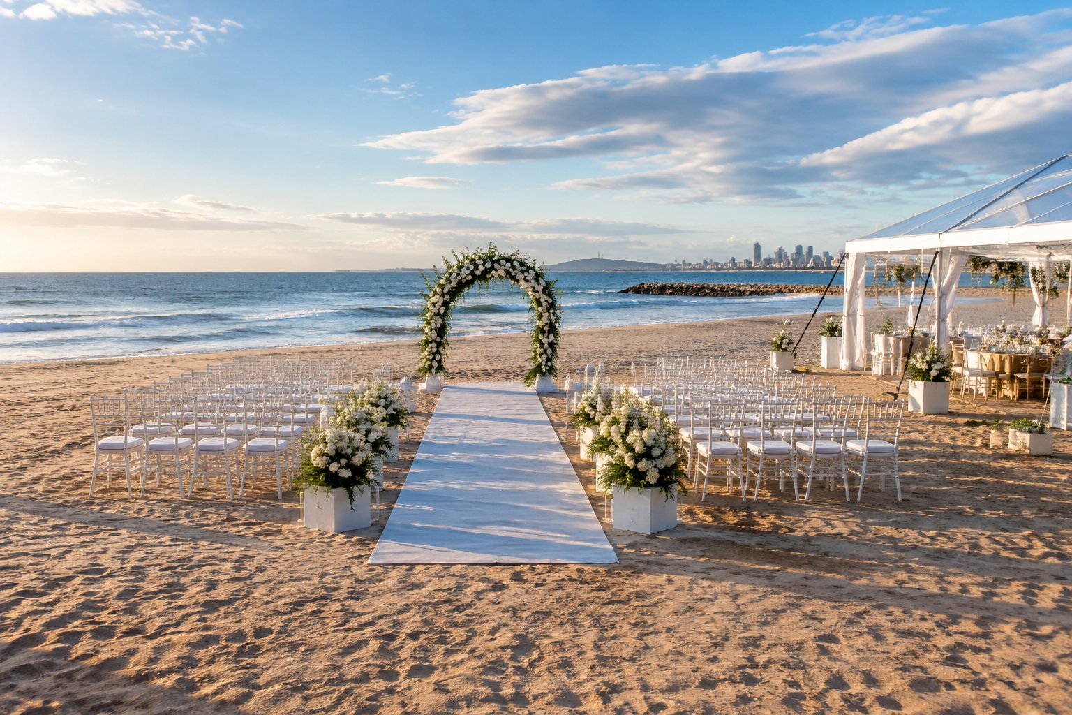 Beach wedding ceremony setup with rows of chairs, a floral arch, and a sheltered structure on a Durban shoreline.