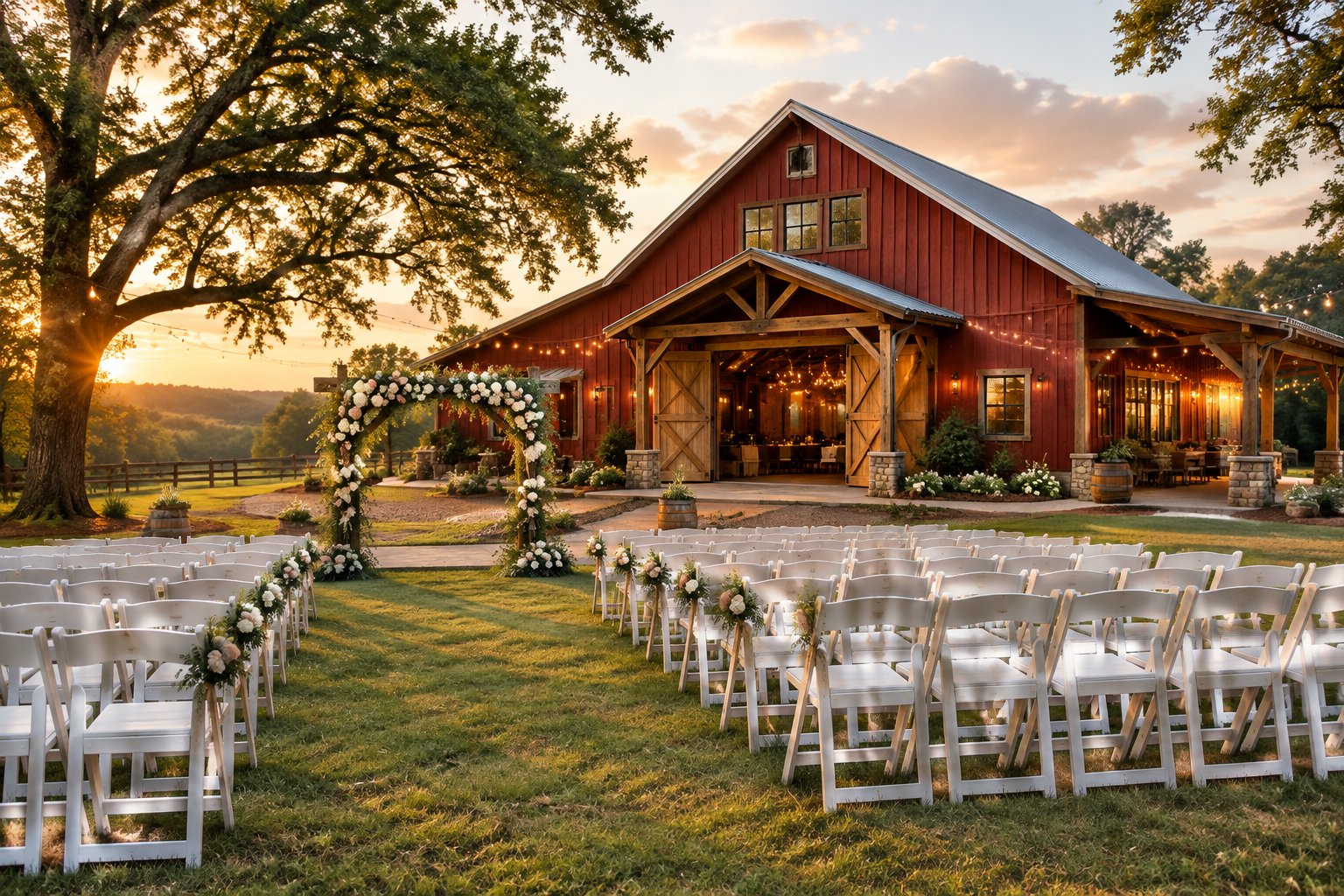 A rustic red barn wedding venue with outdoor ceremony seating and floral decorations in a green countryside setting.