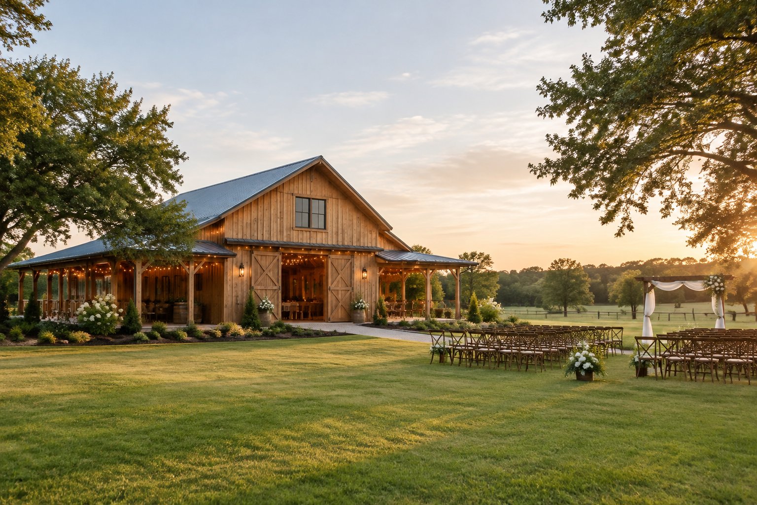 A rustic barn wedding venue surrounded by green lawns, trees, and a peaceful countryside landscape.