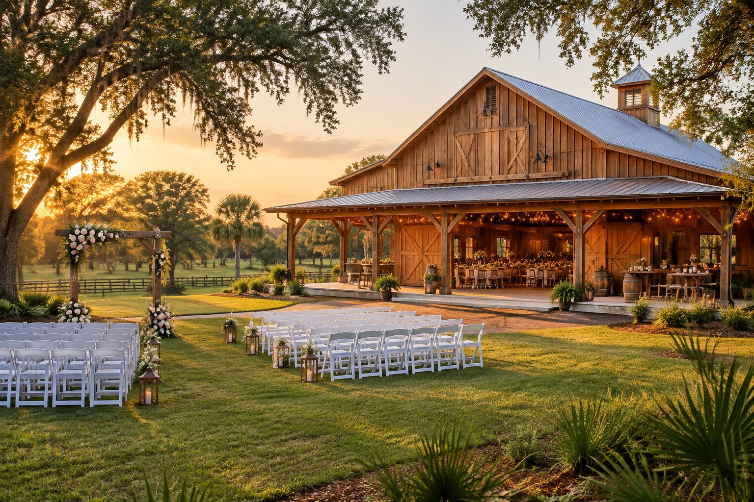 A rustic barn wedding venue with a floral ceremony arch, white chairs, greenery, and warm evening light.