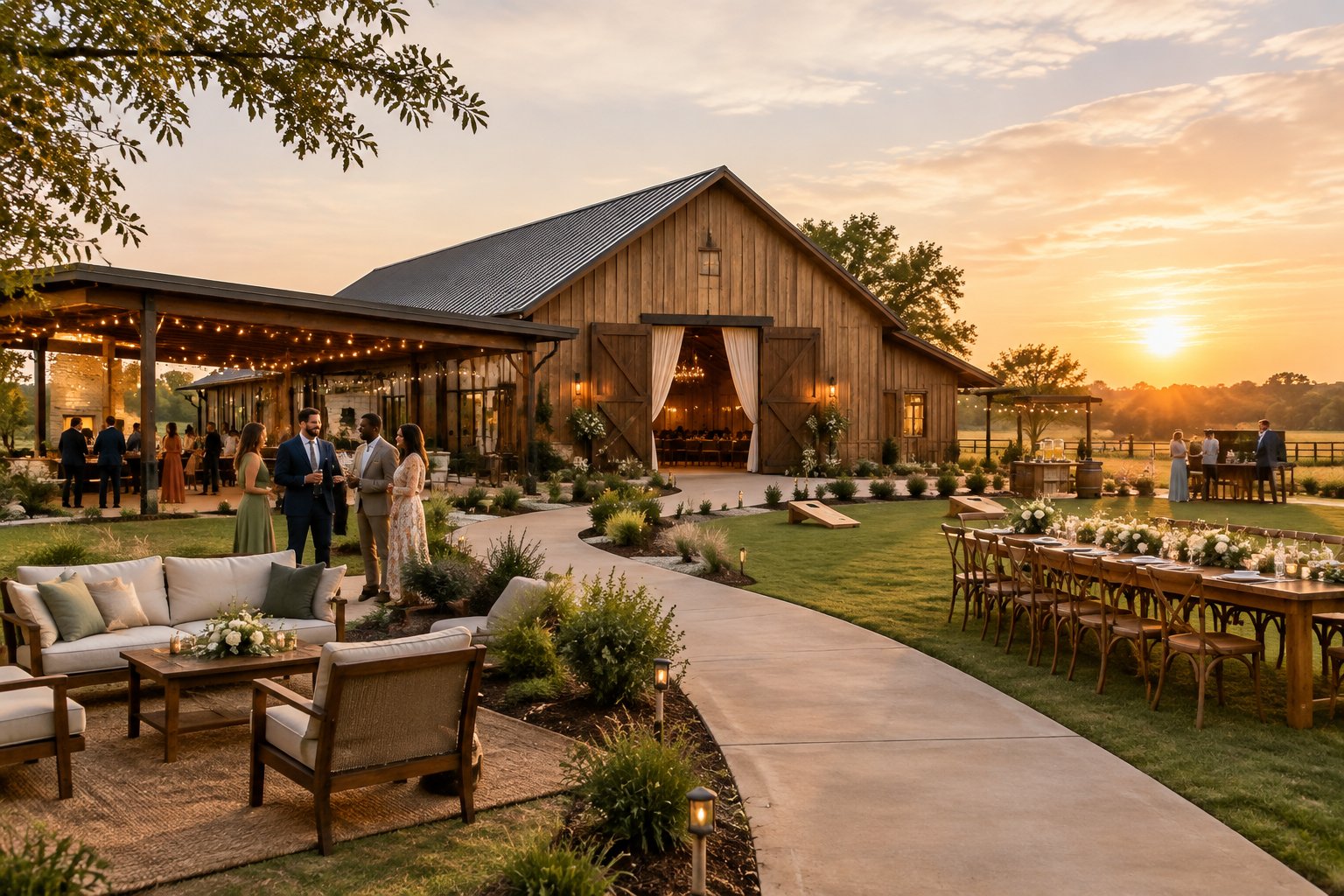 Guests gather outside an elegant rustic barn wedding venue with decorated tables and warm string lights.