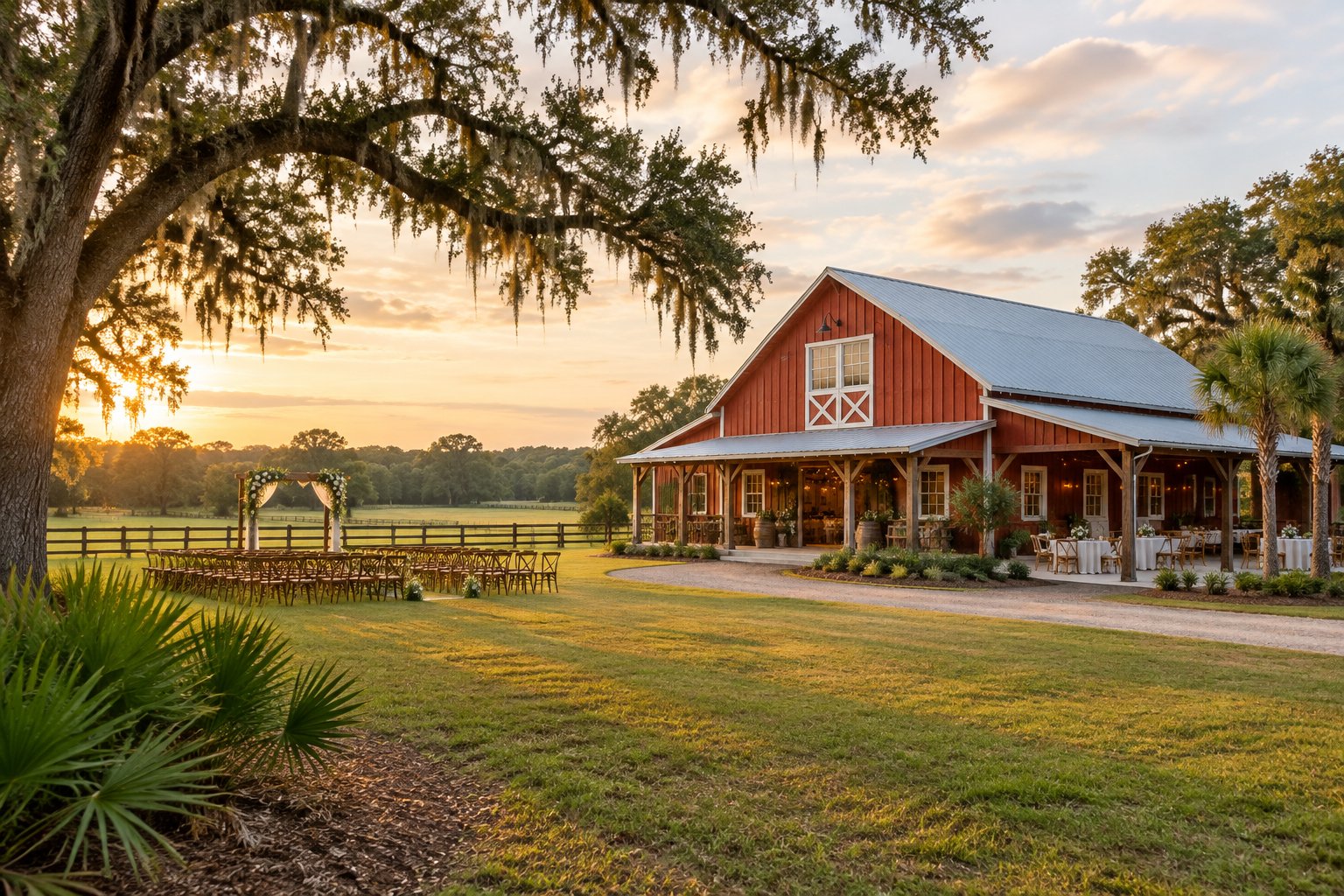 A rustic red barn wedding venue surrounded by grassy fields and oak trees.