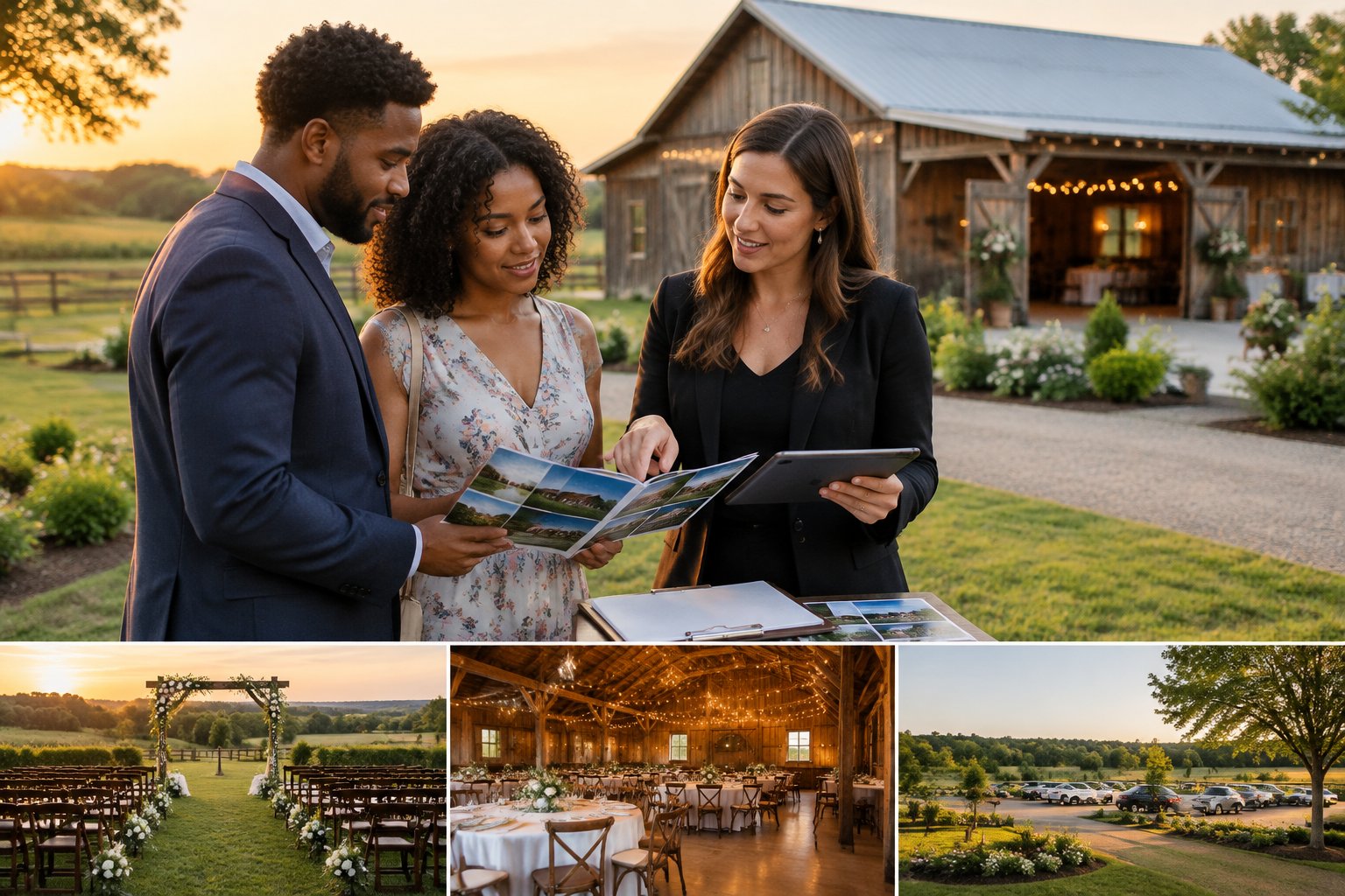 A couple and wedding planner compare barn wedding venue options in a scenic countryside setting.
