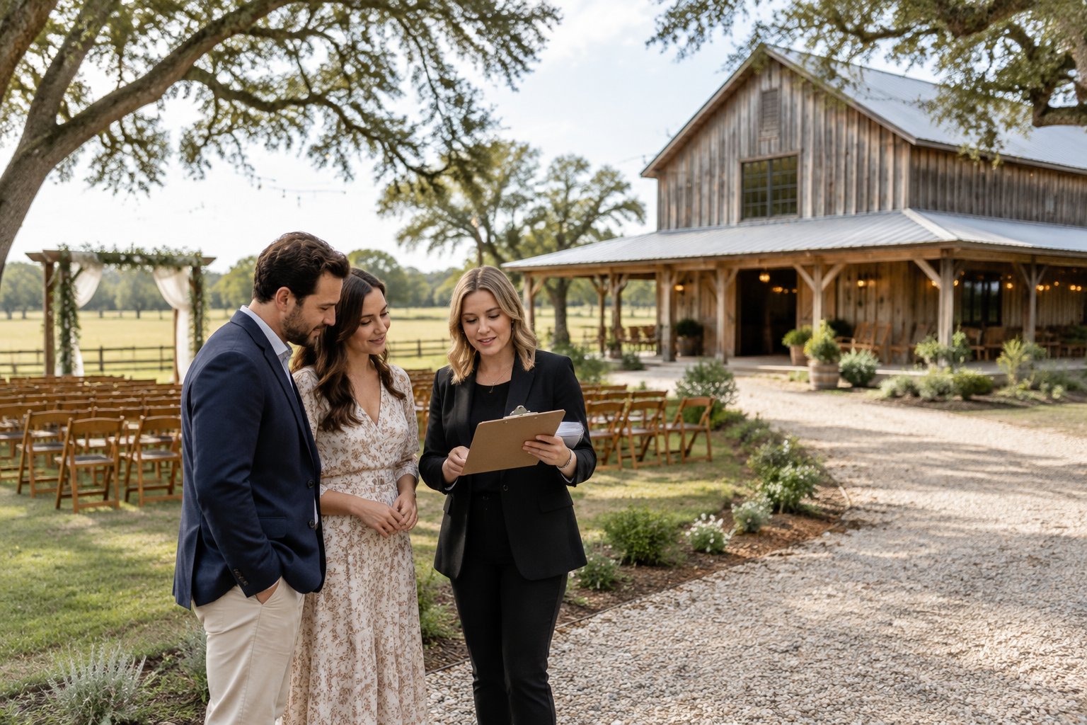 A couple discusses wedding venue details with a coordinator outside a rustic barn venue.