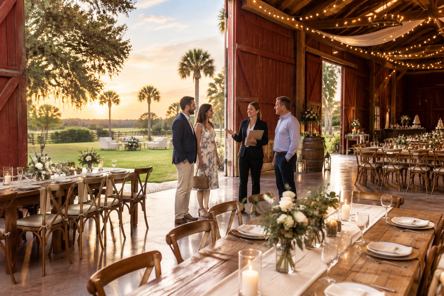 A rustic barn wedding reception is arranged beside a sunny Florida countryside landscape.