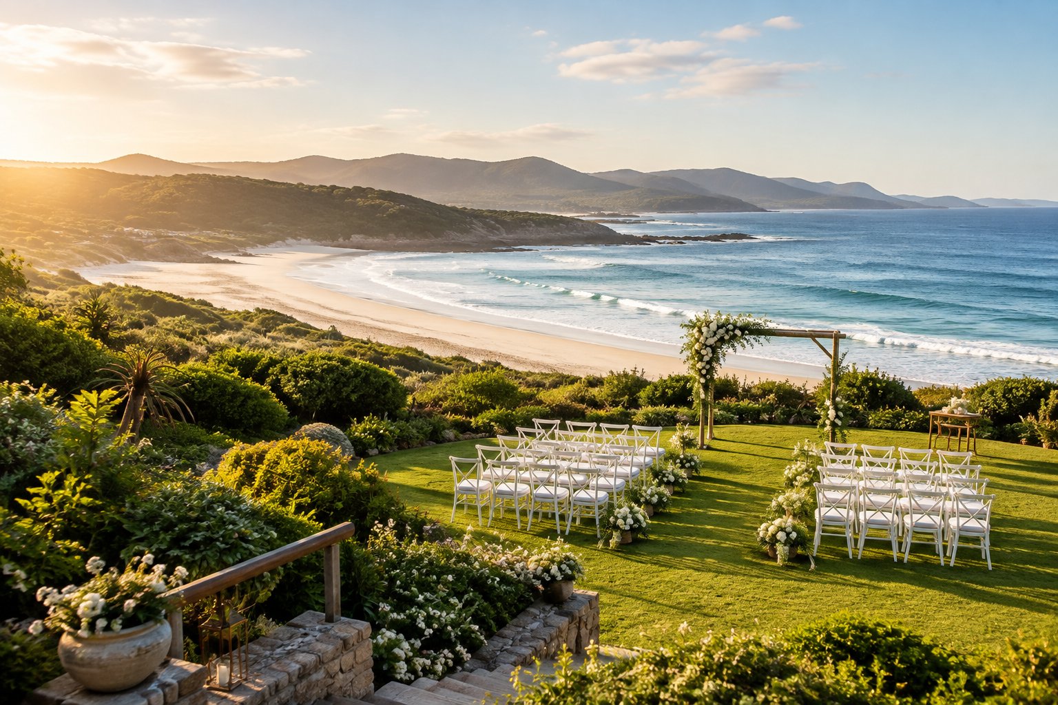 An elegant beach wedding venue with a landscaped garden, floral ceremony arch, ocean, and forested coastal hills.