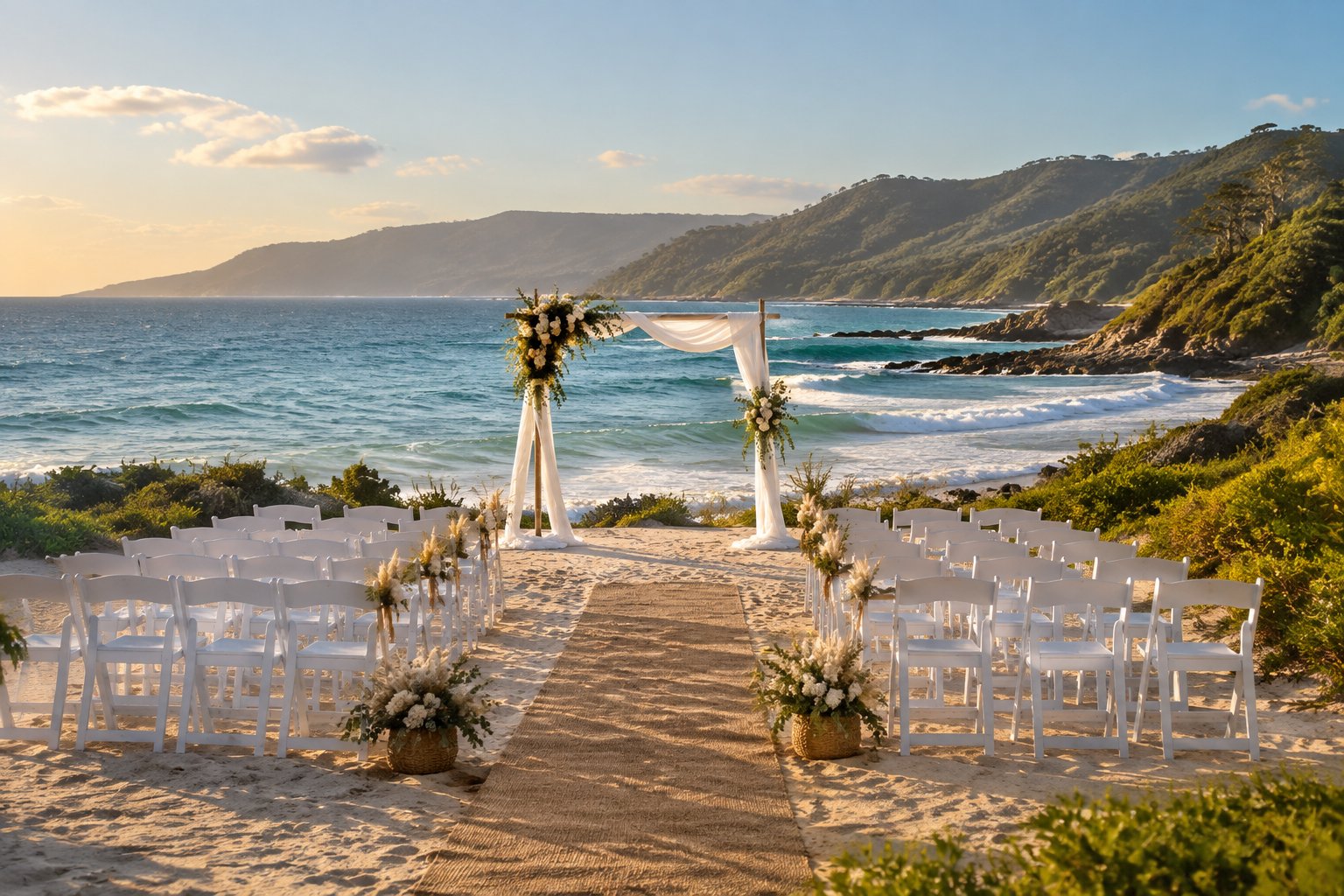 An elegant wedding ceremony setup on a sandy Garden Route beach beside the ocean, with coastal vegetation and forested hills in the background.